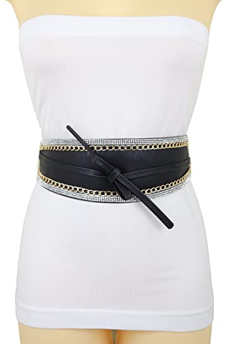 Women Fashion Black Wide Band Wrap Around Tie Belt High Waist Gold Chain Kimono S M2