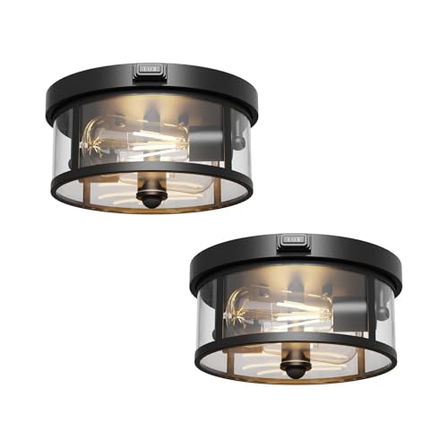 2Pack Outdoor Ceiling Light with Motion Sensor 9.3in - Porch Lights Outdoor, E26 Base, Flush Mount, 360° Detection, 3 Modes (Auto/Dusk to Dawn/Always-on), Farmhouse Ceiling Light for Porch,