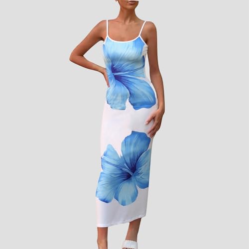 Image of Womens Summer Casual Floral Dresses Spaghetti Strap Bodycon Maxi Beach Dress Elegant Evening Party Long Dresses (US, Alpha, Large, Regular, Regular, Blue White)
