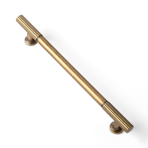 Goo-Ki Vintage Retro Antique Brass Zinc Alloy Cabinet Handles - 6.3''(160mm) Hole Center Striped Decorations Cabinet Pull Hardware for Bedroom, Kitchen, 6 Pack