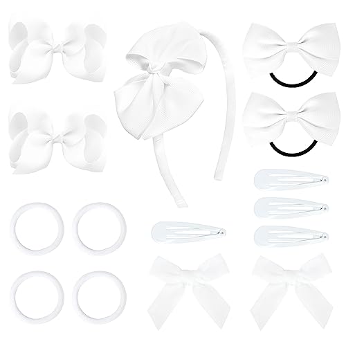 Image of DEEKA White Hair Accessories Set - 15 Pieces Uniform Bows, Clips, Headband, and Ties for Little Toddler Girls