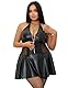 comeondear Lederkleid Damen Sexy Wetlook Strapsen Dessous Set Reizwäsche für Mollige Frauen Erotische Unterwäsche Große Größen Kleid A Linie Kurz mit Reißverschluss Minikleid Neckholder(Schwarz,XXL)