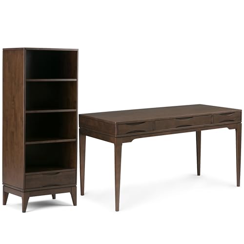 Image of SIMPLIHOME Harper Desk and Bookcase Bundle - 60 inch Wide Solid Wood Mid Century Modern Desk with Drawers and 24 inch Wide 4-Shelf Bookcase in Walnut Brown, Home Office Furniture (Set of 2)