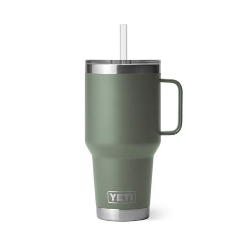 Image of YETI Rambler 35 oz Tumbler with Handle and Straw Lid, Travel Mug Water Tumbler, Vacuum Insulated Cup with Handle, Stainless Steel, Camp Green