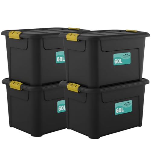 Pack Of 4 Plastic Storage Boxes Black Heavy Duty Multi-Purpose Indoor & Outdoor Stackable Strong Container Lid Yellow Lock Clip Handles Home Office School Arts & Crafts Nestable (60 Litre)