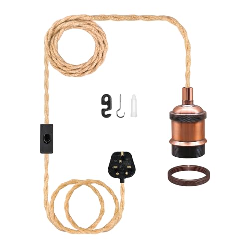 Image of LAKONEI Vintage 510cm Double Braided Hemp Rope Pendant Light, Electroplated Burgundy E27/E26 Lamp Holder with UK Plug & in-Line Switch, Industrial Plug in Ceiling Light for DIY Hanging Lamp
