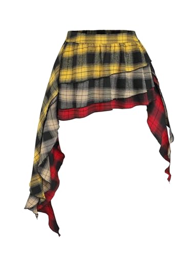 MakeMeChic Women's Plaid Skirt Low Waist Asymmetrical Tiered Ruffle Y2k Mini Skirts