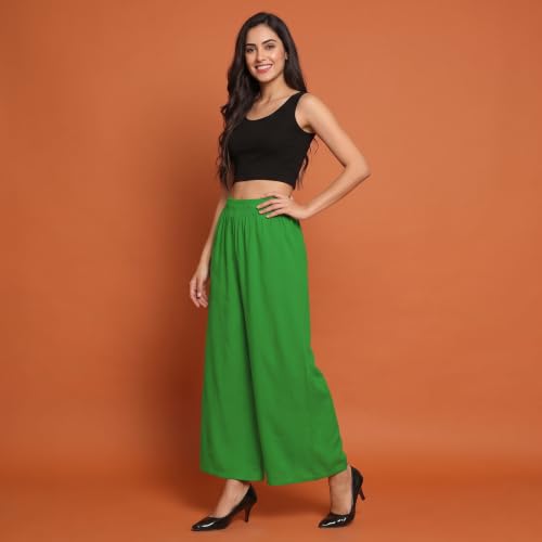 Image of FASHION GALLERY Women's Solid Rayon Palazzo Pants | Relaxed Fit Full Length Wide Leg Palazzo | Elastic Waist Comfortable Casual Lounge Office Ethnic Flared Trousers for Women