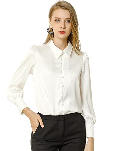 Allegra K Women's Satin Blouse Puff Sleeve Point Collar Vintage Button Up Shirt Medium White #TOP1