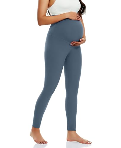 Happy. angel Women’s Maternity Leggings Over The Belly, Soft Stretchy Pregnancy Pants for Active Workout Yoga Wearing,Grey-Blue,Small