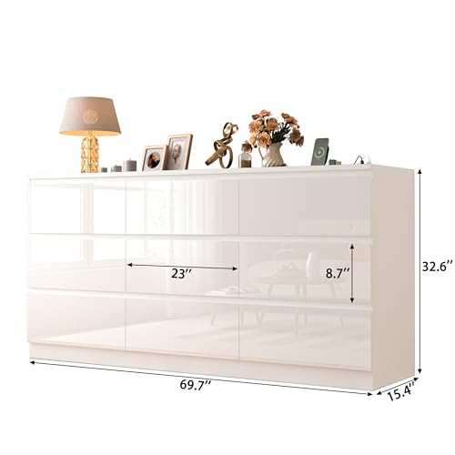 Image of JassmiPkwy 71.65 INCH 12 Drawers Dresser with Power Outlet, Wide High Gloss Chest of Drawers Large, Modern Storage Drawer Dresser for Bedroom, White
