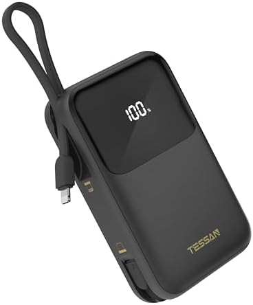 TESSAN Portable Charger Power Bank with Built in USB-C Cable, 20000mAh Fast Charging Battery Pack with PD 30W Output Travel Essentials for iPhone 16/15 Series, Samsung, Tablets