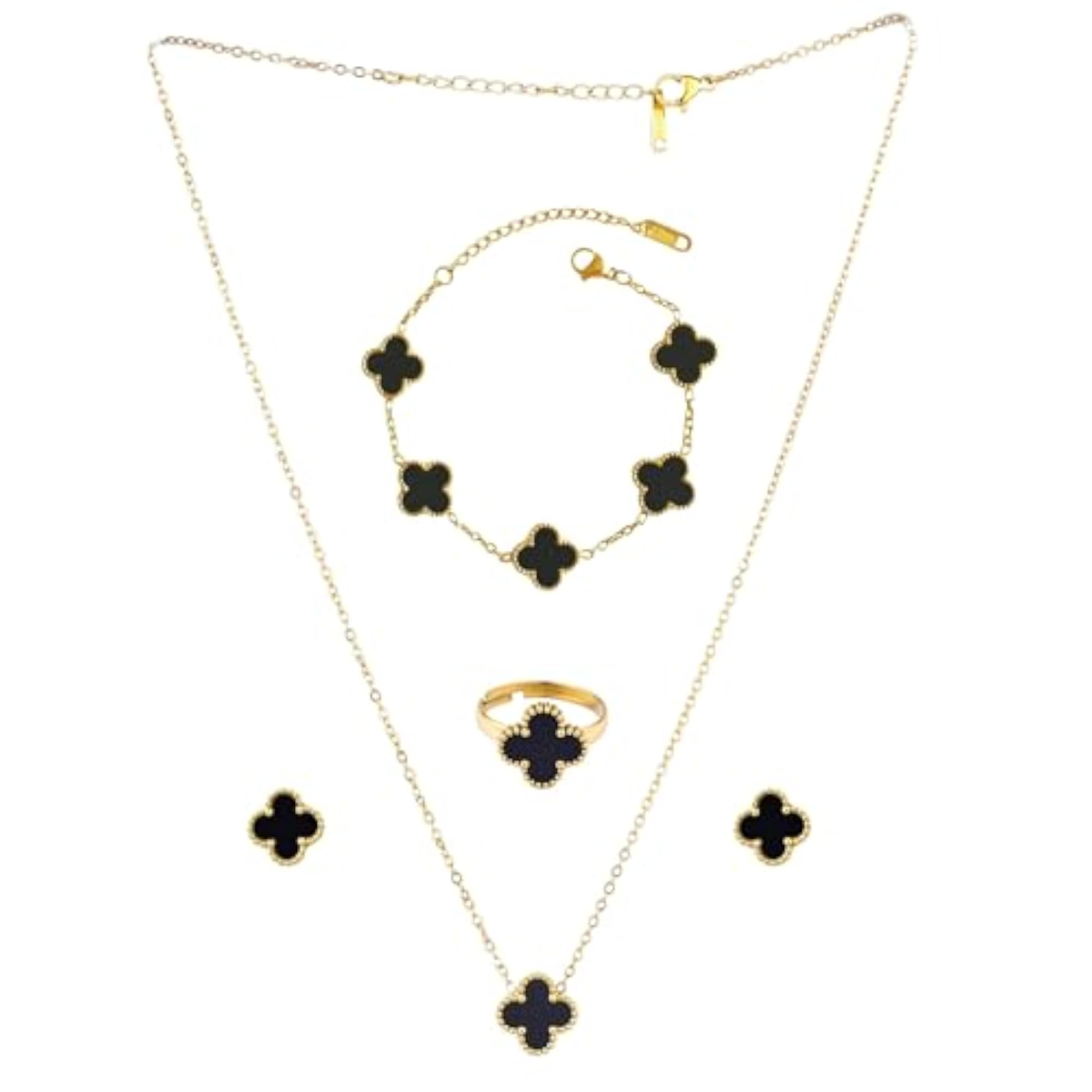 Aesthetic Black Clover Earrings Ring Bracelet Pendant Set