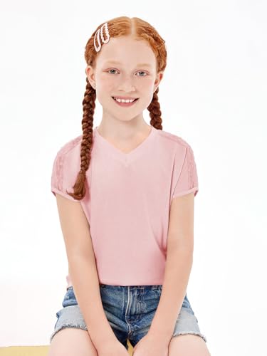 Image of Haloumoning Girls V Neck T-Shirts Kids Summer Swiss Dot Short Sleeve Tops Cute Fashion Tees 5-14 Years