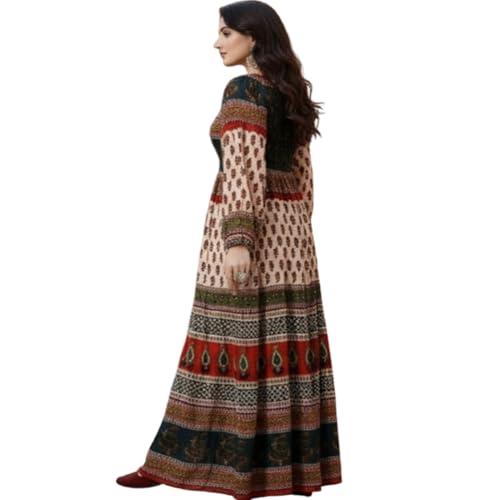 Image of Women's Cotton Dress Jaipuri Sanganeri Print Midi Long Dress Printed Fit and Flare Maxi Dress A-Line Gown Dress Maxi Skirt, Mandala (Free Size)