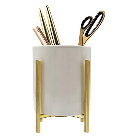Ceramic Pen Holder with Stable Metal Bracket,Cute Round Pencil Cup Pen Pot for Kids Girls Desk Organizer Makeup Brush Holder (white and gold 1pcs) Cover