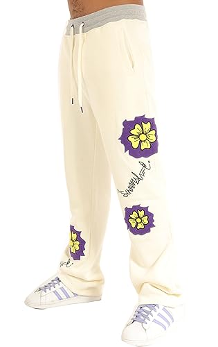 SCREENSHOT-P11351 Mens Hip Hop Premium Classic Fit Open Bottom Urban Fleece Pants - Flower Embroidery Patch Street Fashion Sweatpants-Cream-XLarge
