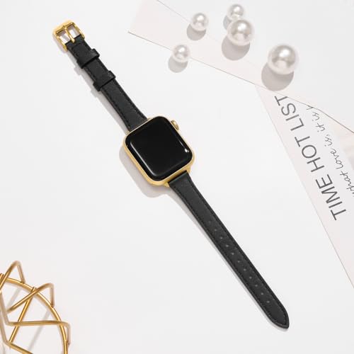 Image of STIROLL Slim Leather Bands Compatible with Apple Watch Band 49mm 46mm 45mm 44mm 42mm(Series 3 2 1), Top Grain Leather Watch Thin Wristband for iWatch Ultra SE Series 11 10 9 8 7 6 5 4(Black Gold)