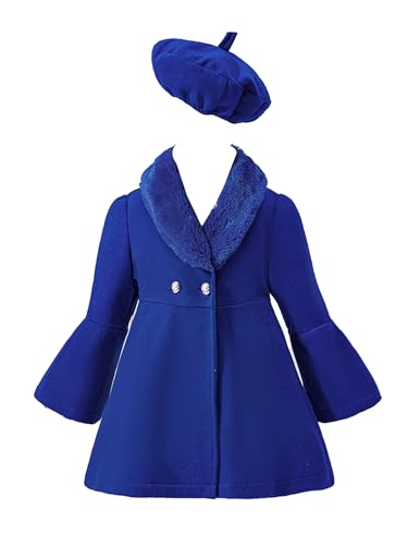 Kids Girls Trench Coat Long Sleeve Furry Collar Warm Peacoat with Beret Hat Set for Casual Wear
