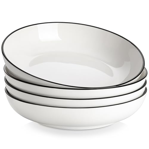 Image of MALACASA 10 inch Large Pasta Bowls, 56 OZ White Salad Bowls Soup Bowls, Porcelain Serving Bowls Set of 4, Ivory White & Black Rim, Microwave & Dishwasher Safe, Series REGULAR