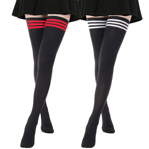 Image of AQOKKA Extra Long Thigh High Socks for Women Striped Over Knee Thigh Socks Long Boot Thigh High Stockings Leg Warmers