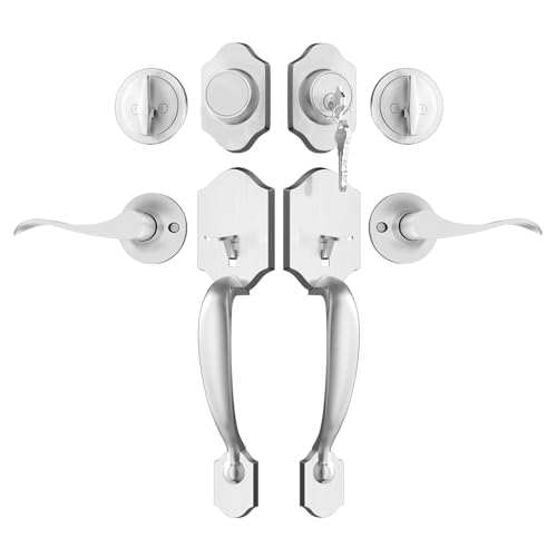 Image of Haidms Front Door Lock Set With Double Door Handle and Deadbolt - Brushed Nickel, Heavy Duty Handleset With Dummy, Reversible Handle Lever - Silver Hardware Set