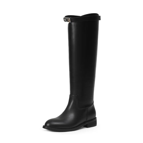 iiimmu Riding Boots for Women Silver Buckle Women's Knee High Boots Round Toe Faux Leather Motorcycle Style