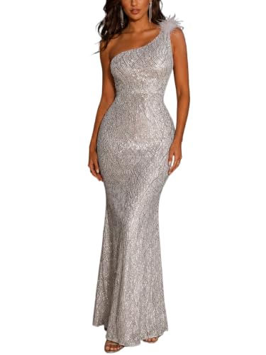 Image of One Shoulder Formal Evening Gowns Sequin Mermaid Maxi Dress for Wedding Guest