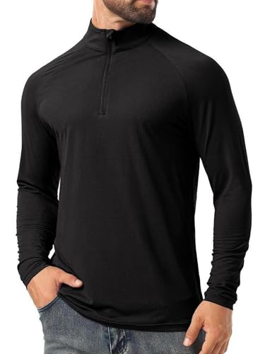 QIXING Men's UPF 50+ Sun Shirts Quarter Zip Long Sleeve Outdoor Shirt Fishing Hiking Rash Guard T-Shirts (Black, M)
