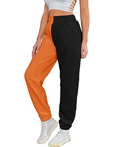 UMIPUBO Pantalon Jogging Femme, Coton Pantalons de Sport, Élastique Lâche Long Pantalon avec 2 Poches Chic Pantalon de Survêtement Contrasté (Noir+Orange, L) Cover