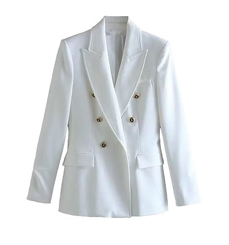 Women White Blazer Jacket Long Sleeve Vintage Double Breasted Slim Office Lady Blazers