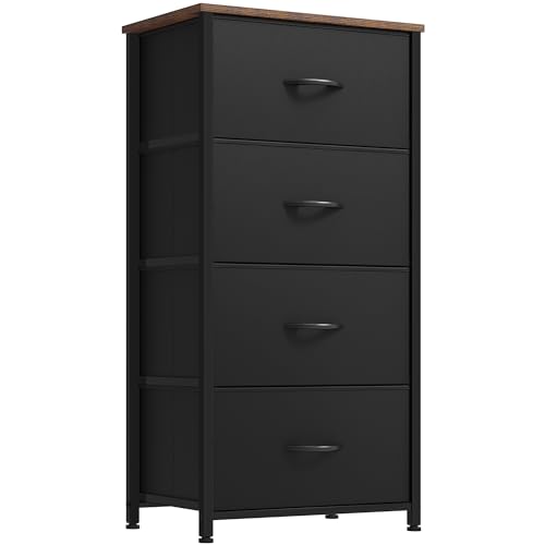 YITAHOME Dresser with 4 Drawers - Fabric Dresser, Organizer Unit for Bedroom, Living Room, Closets - Sturdy Steel Frame, Easy Pull Fabric Bins & Wooden Top Rustic Brown Wood Black Dresser 4-