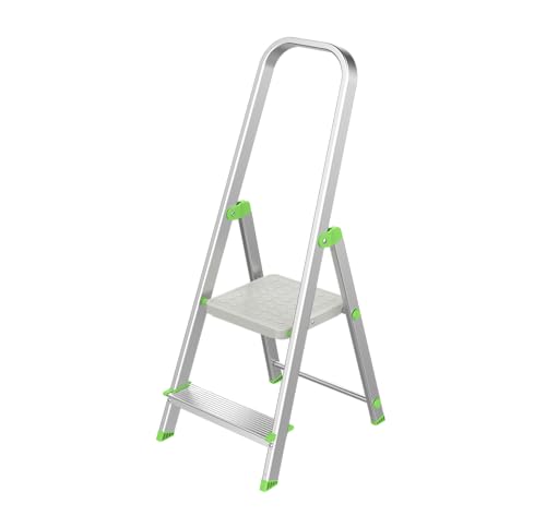 KEROPPA Escalera de Tijera Plegable Marca Española Escalera de Aluminio 2 peldaños con Gancho de Pared Multiusos Antideslizante Ligera y Resistente Escalera Doméstica Fácil Transporte