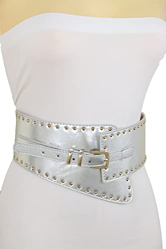 Women Wide Western Fashion Belt Hip Waist Silver Faux Leather Gold Metal Studs XS S4