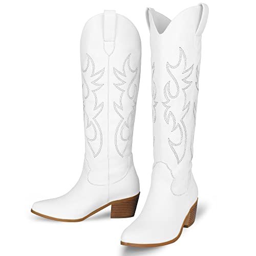 STALOV Cowboy Boots for Women,Western Pointed Toe Chunky Heel Pull-On Knee High Cowgirl Boots Fashion Embroidered Tall3