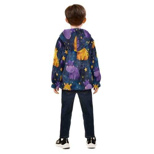 Starry Hippo Pattern Print Toddler Fleece Jacket Girl Boys Hooded Fleece Jacket Coat Warm Outwear Zip-up 3-10T4