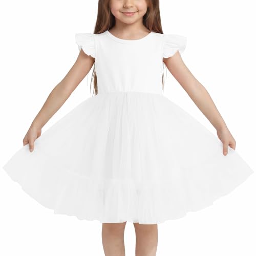 Image of Valcatch Girls Princess Tulle Dress, Kids Ruffle Short Sleeve Layered Tutu Party Dress for Casual Everyday, Christmas, Birthday & Wedding, White, Age 3-4 Years