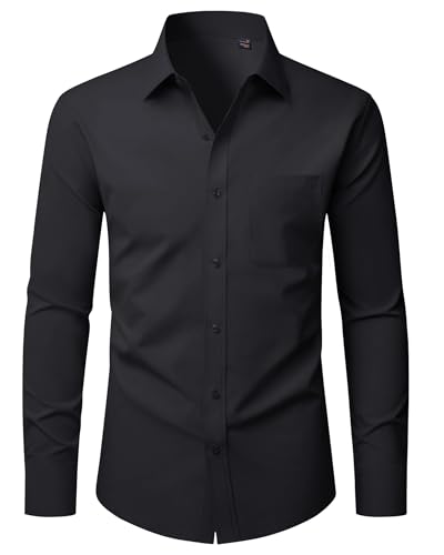Alimens & Gentle Men Black Shirts Dress Long Sleeve Slim Fit Stretch Formal Casual Button Down Shirts with Pocket M