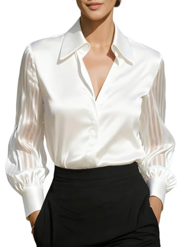 Chemisier en satin à col boutonné et manches longues transparentes pour femme