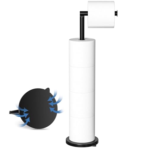 Black Floor Toilet Roll Holder Free Standing,4 Paper Roll Storage Dispenser with Heavy Duty Suction Up Base,2 in 1 Stainless Steel Folding Toilet Paper Holder for Bathroom loo,Anti Rust