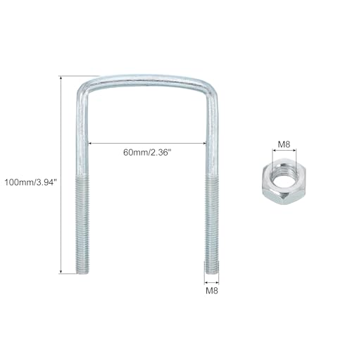 Image of uxcell Square U-Bolts, 6 Sets 60mm Inner Width 100mm Length M8 Zinc-Plated Carbon Steel U Clamp Bolt with Nuts and Plates, for Boat Trailer