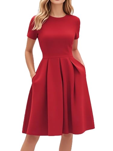 oxiuly Red Dresses for Women 2024 Summer Business Casual Office Work Professinal Classy Short Sleeve Pleates High Waist A Line Scope Neck Vintage Dress S253 Red Solid S