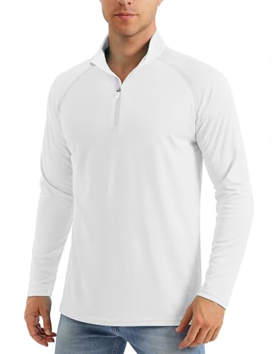 Men's UPF 50+ Sun Protective Quarter Zip Long Sleeve Outdoor Shirt for Hiking, Fishing - White