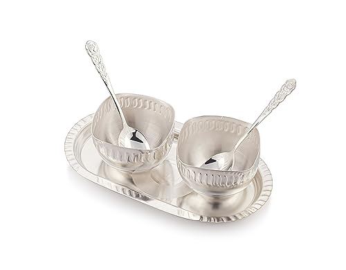 Image of Silverglow Aura Serving Set | Silver Plated Bowl Set of 5 | Dry Fruits, Snacks containers | Serving Tray Bowl Set | Tableware Set | Perfect Diwali, Office, Wedding Return Gift