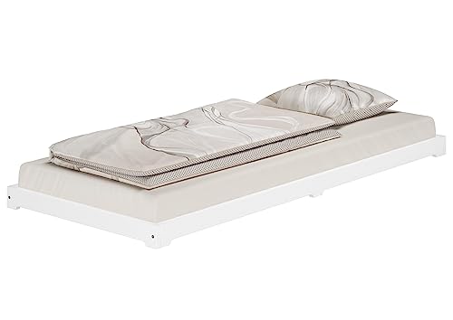 Erst-Holz®Weißes Unterschiebbett Futon extra niedrig Holzbett 80x180 Kiefer V-60.47W-08-180Rollrost und Matratze inkl.