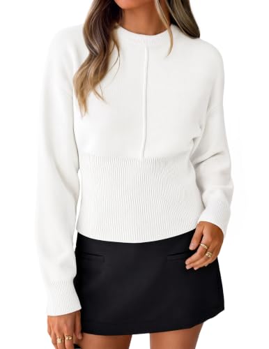 Image of ZESICA Women's Fall Sweaters Crewneck Cinched Waist Pullover Tops