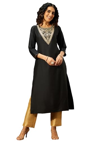Image of Janasya Women's Black Chanderi Silk Yoke Embroidered Straight Kurta