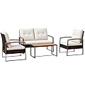 Outsunny 4 Piece Patio Furniture Set with 2 Chairs, Loveseat Sofa, Acacia Wood Top Table & Armrests, Rattan Motifs, Tufted Cushions, Outdoor Conversation Set for Backyard, Lawn and Pool, White