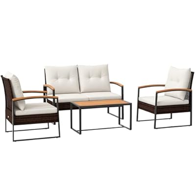 Outsunny 4 Piece Patio Furniture Set with 2 Chairs, Loveseat Sofa, Acacia Wood Top Table & Armrests, Rattan Motifs, Tufted Cushions, Outdoor Conversation Set for Backyard, Lawn and Pool, White