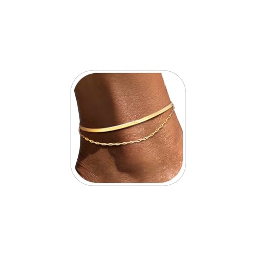 Image of FOCALOOK 14K Gold Plated Anklets for Women Waterproof Plus Size Ankle Bracelet 8.5-10.5 Inch Adjustable Mariner /Figaro /Flat Snake /Cuban Link Chain Anklet Jewelry for Summer Beach Holiday